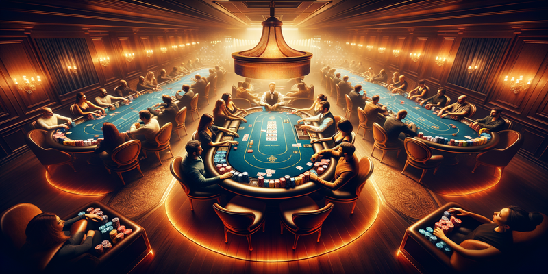 Bàn xì tố chuyên nghiệp với người chơi, chips và dealer trong một ván Texas Hold'em, 8K, cinematic