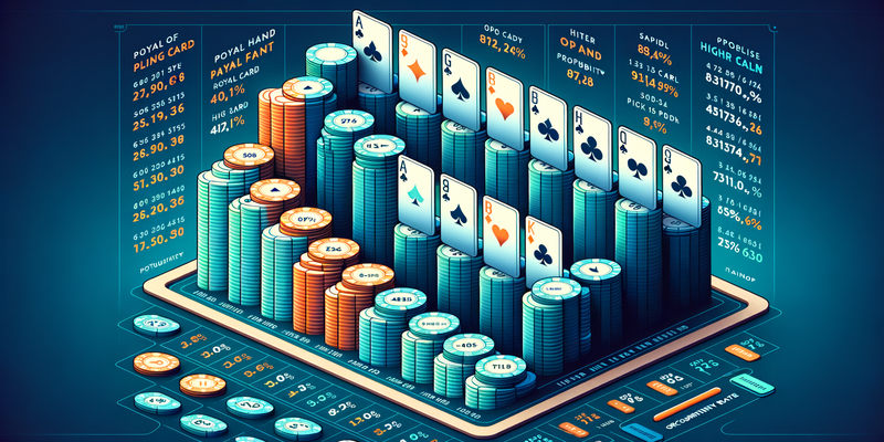 Biểu đồ bar isometric hiển thị thứ tự mạnh yếu của các bộ bài xì tố từ Royal Flush đến High Card, kèm theo tỷ lệ xuất hiện của mỗi bộ bài, được thiết kế với gradient màu xanh dương đến xanh ngọc và điểm nhấn màu cam.