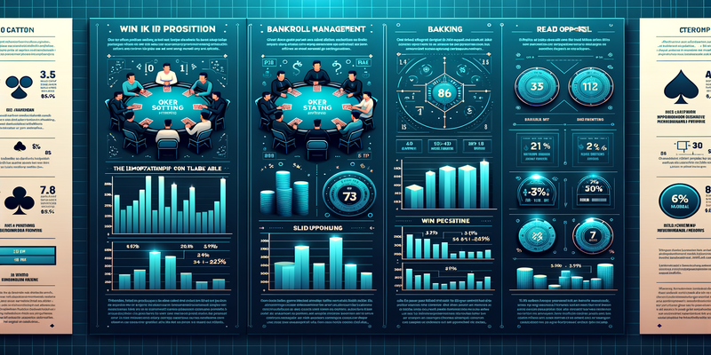 Infographic đa bảng hiển thị các yếu tố chiến thuật xì tố: tầm quan trọng của vị trí, quản lý bankroll và đọc đối thủ. Thiết kế vector sạch sẽ với đường lưới tối thiểu trên nền gradient xanh dương đến xanh ngọc. Biểu đồ cột hiển thị tỷ lệ thắng theo vị trí tại bàn. Typography chuyên nghiệp với chú thích và nhãn trục rõ ràng.