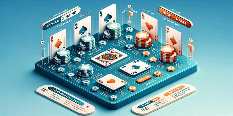 Infographic dạng isometric hiển thị xếp hạng các bộ bài xì tố từ Royal Flush đến High Card, với hình minh họa vector sạch sẽ của từng bộ bài và tỷ lệ phần trăm xác suất. Nền gradient xanh dương đến xanh ngọc với điểm nhấn màu cam. Typography sans-serif ghi nhãn rõ ràng cho từng bộ bài bằng thuật ngữ 'Xì Tố' tiếng Việt.